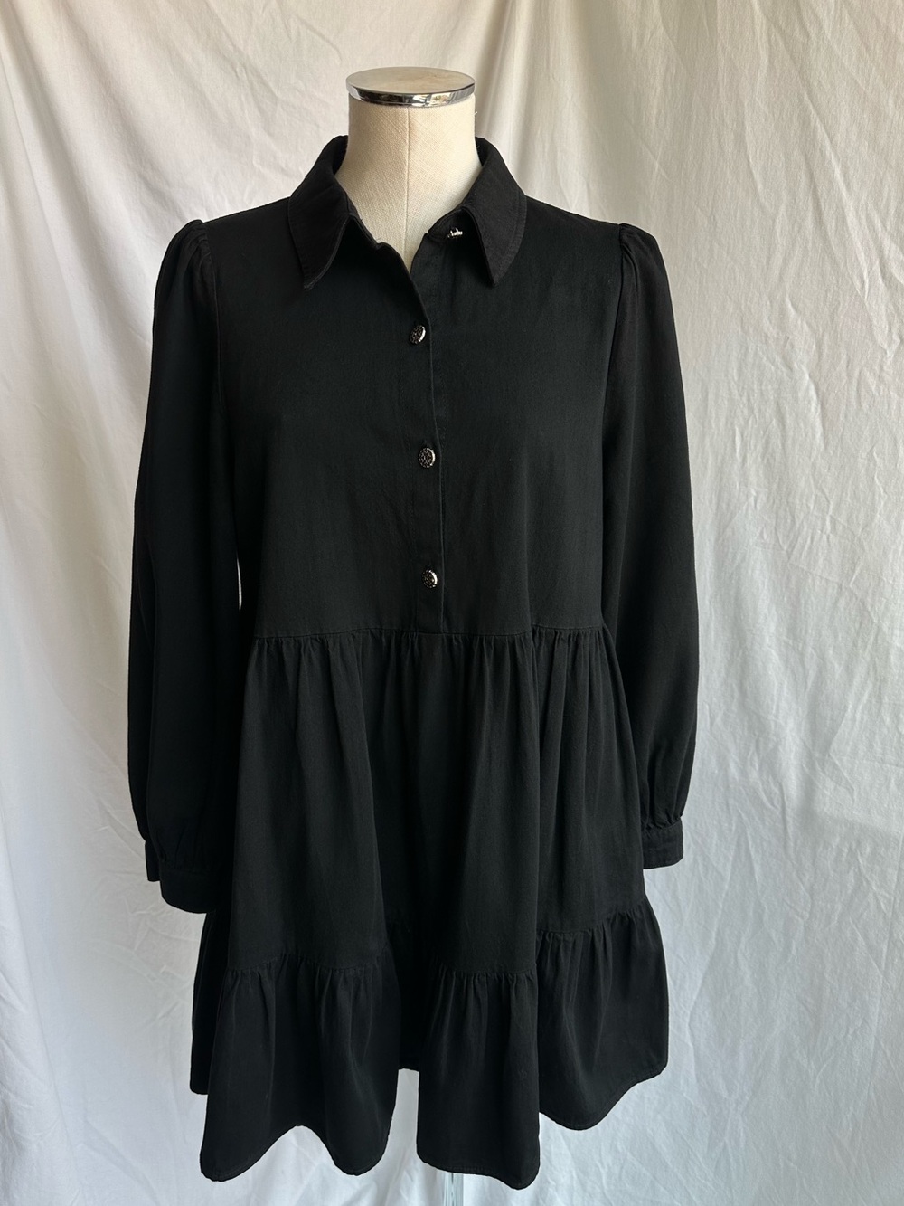 Zara Babydoll Denim Dress Tiered Collared Sz S